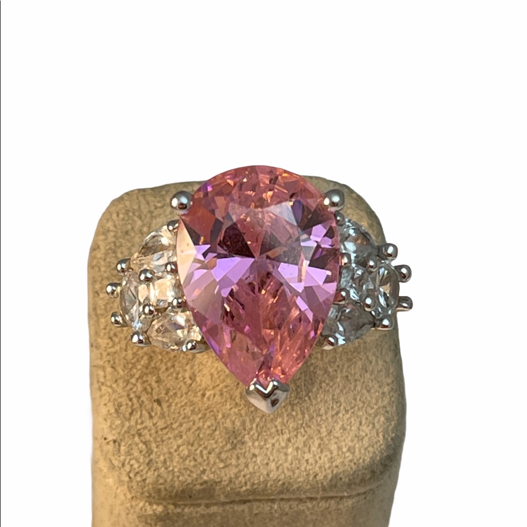 Lg Heavy Chunky Pink Ice Cocktail Ring Silver